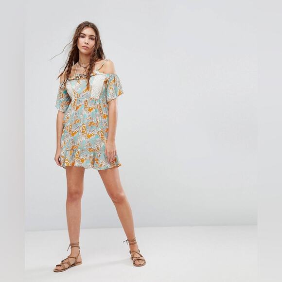 Maaji Cold Shoulder Teal Orange Lace Detail Swim Coverup Dress Size Large - Picture 1 of 11